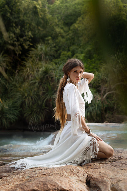 WHITE BOHO DRESS ꧁Kayame꧂ Fringe wedding dress • White maxi dress • White goddess dress • Bohemian dress • Western dress • White linen dress