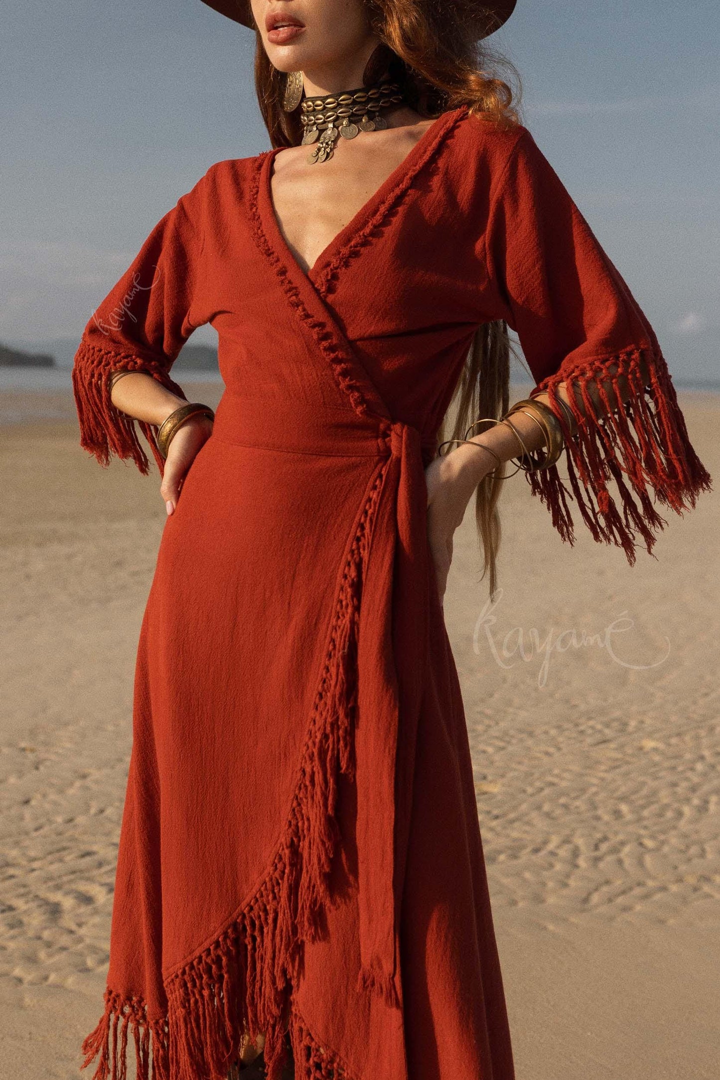RED BOHO DRESS ꧁Kayame꧂ Fringe bohemian dress • Boho maxi dress • Red goddess dress • Bohemian dress • Western dress • Wrap linen dress