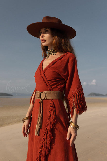RED BOHO DRESS ꧁Kayame꧂ Fringe bohemian dress • Boho maxi dress • Red goddess dress • Bohemian dress • Western dress • Wrap linen dress