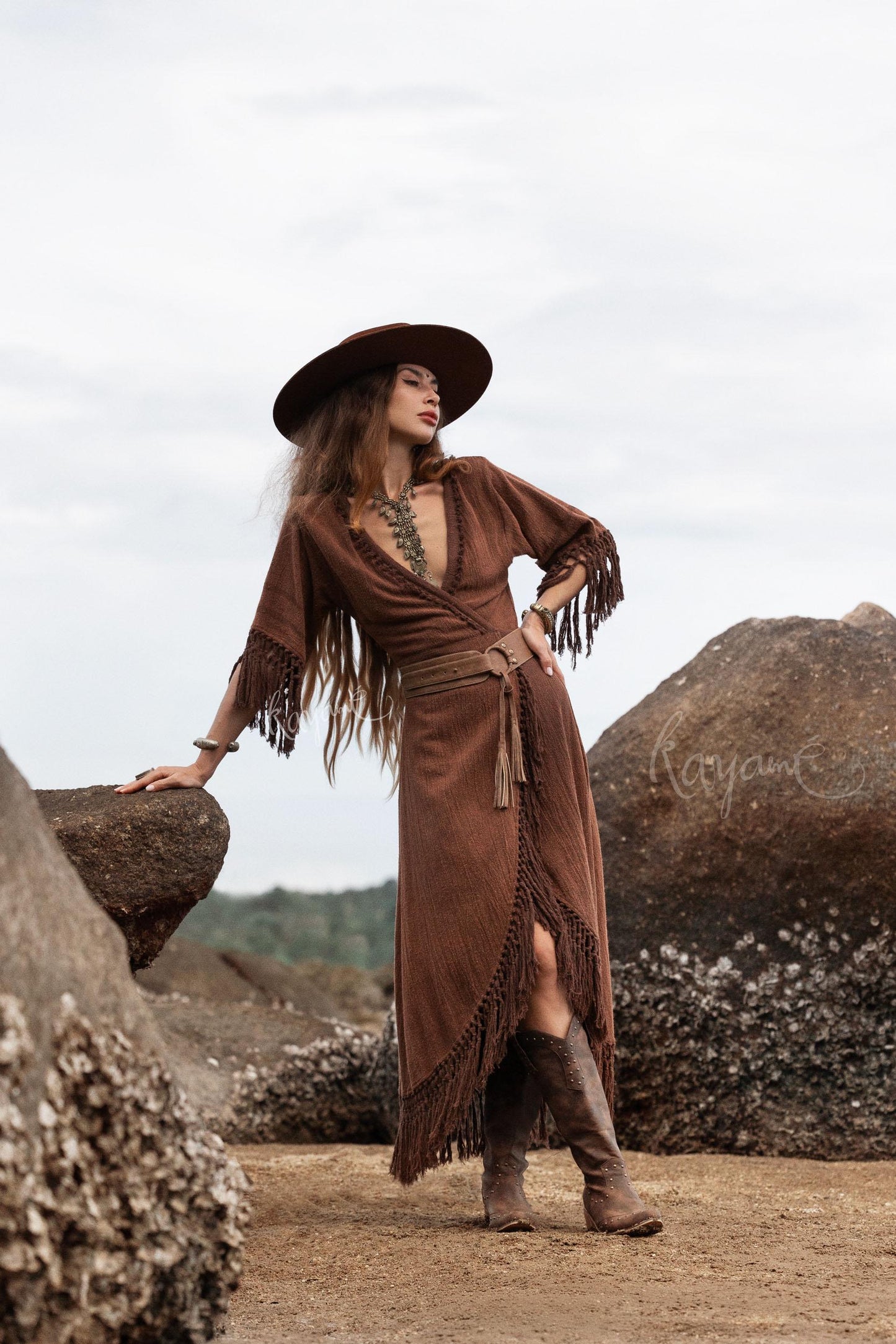 BROWN BOHO DRESS ꧁Kayame꧂ Fringe bohemian dress • Boho maxi dress • Goddess dress • Festival dress • Western dress • Wrap linen dress