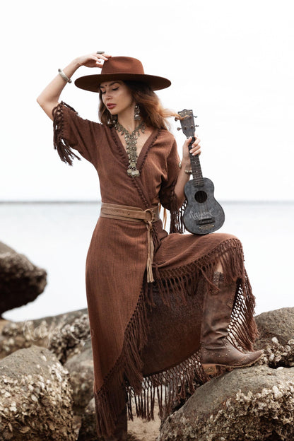 BROWN BOHO DRESS ꧁Kayame꧂ Fringe bohemian dress • Boho maxi dress • Goddess dress • Festival dress • Western dress • Wrap linen dress