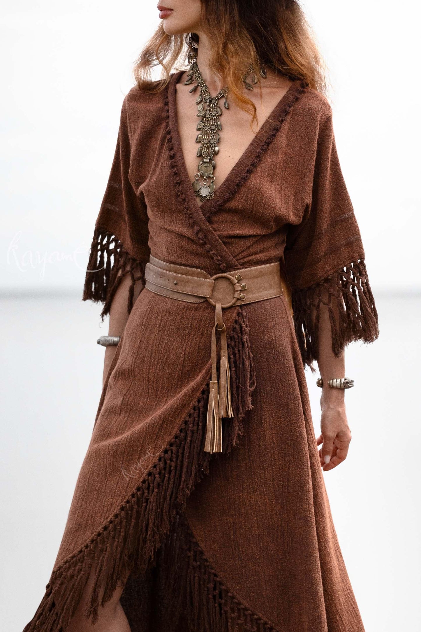 BROWN BOHO DRESS ꧁Kayame꧂ Fringe bohemian dress • Boho maxi dress • Goddess dress • Festival dress • Western dress • Wrap linen dress