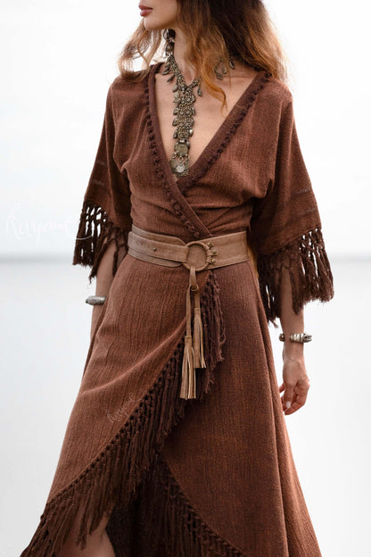 BROWN BOHO DRESS ꧁Kayame꧂ Fringe bohemian dress • Boho maxi dress • Goddess dress • Festival dress • Western dress • Wrap linen dress