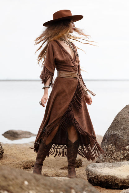 BROWN BOHO DRESS ꧁Kayame꧂ Fringe bohemian dress • Boho maxi dress • Goddess dress • Festival dress • Western dress • Wrap linen dress