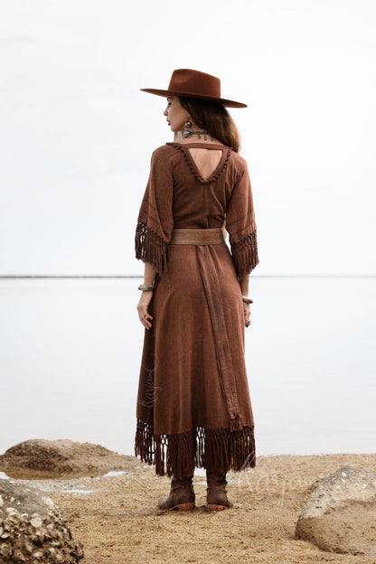 BROWN BOHO DRESS ꧁Kayame꧂ Fringe bohemian dress • Boho maxi dress • Goddess dress • Festival dress • Western dress • Wrap linen dress
