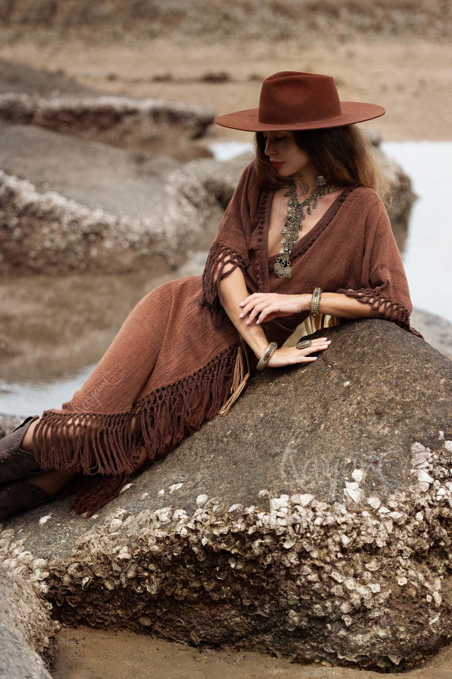 BROWN BOHO DRESS ꧁Kayame꧂ Fringe bohemian dress • Boho maxi dress • Goddess dress • Festival dress • Western dress • Wrap linen dress