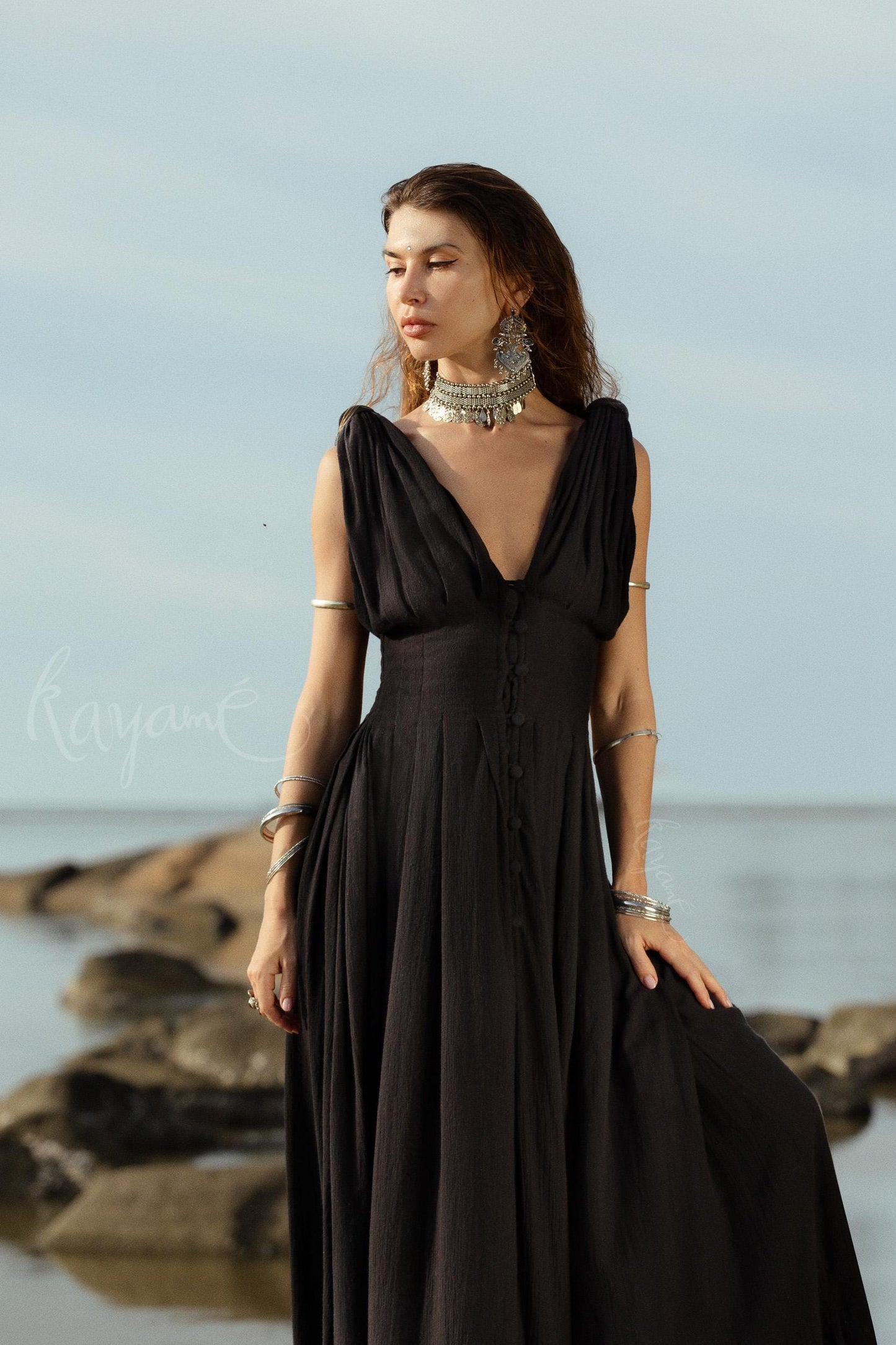 Handmade Black Organic Cotton Goddess Dress: Boho Wedding Gown