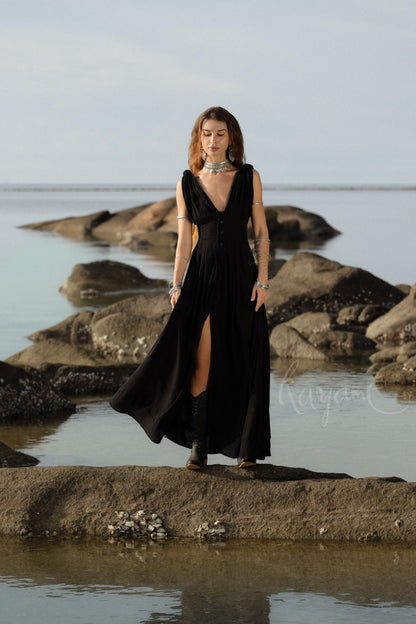 Handmade Black Organic Cotton Goddess Dress: Boho Wedding Gown