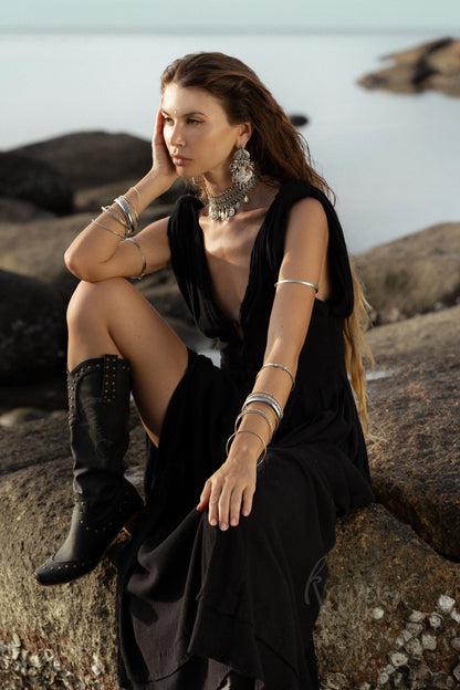 Handmade Black Organic Cotton Goddess Dress: Boho Wedding Gown