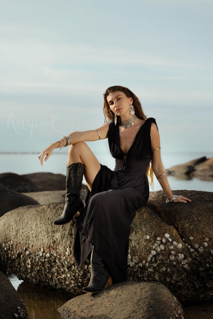 Handmade Black Organic Cotton Goddess Dress: Boho Wedding Gown
