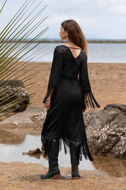Black Silk Wrap Dress: Bohemian Goddess Gown with Fringe