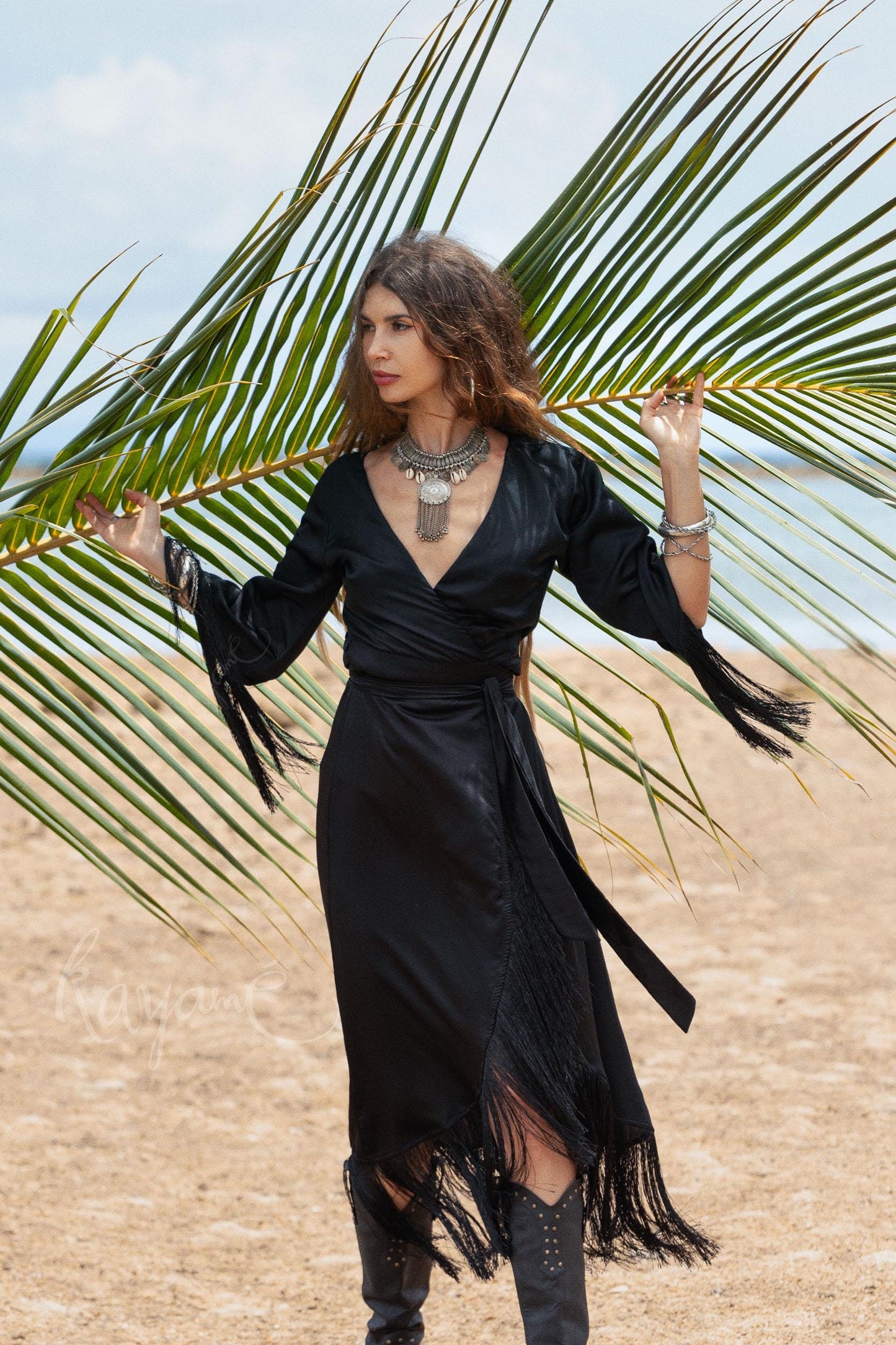 Black Silk Wrap Dress: Bohemian Goddess Gown with Fringe