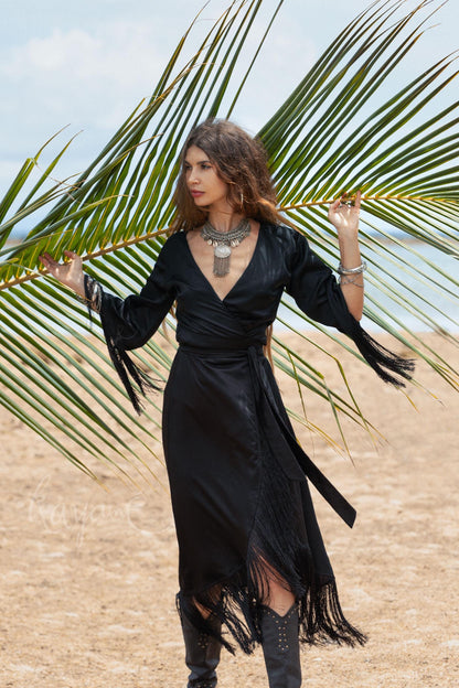 Black Silk Wrap Dress: Bohemian Goddess Gown with Fringe