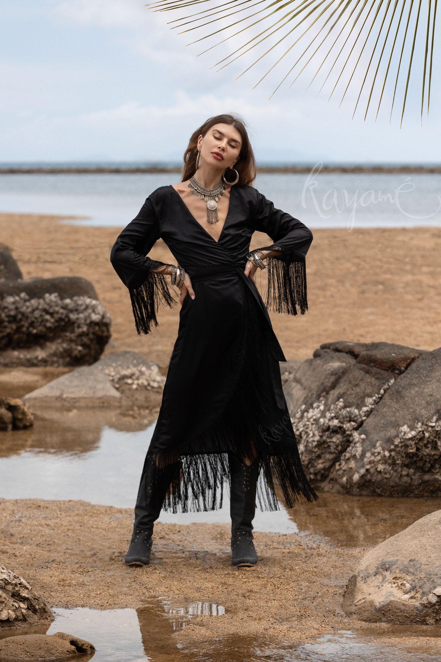 Black Silk Wrap Dress: Bohemian Goddess Gown with Fringe