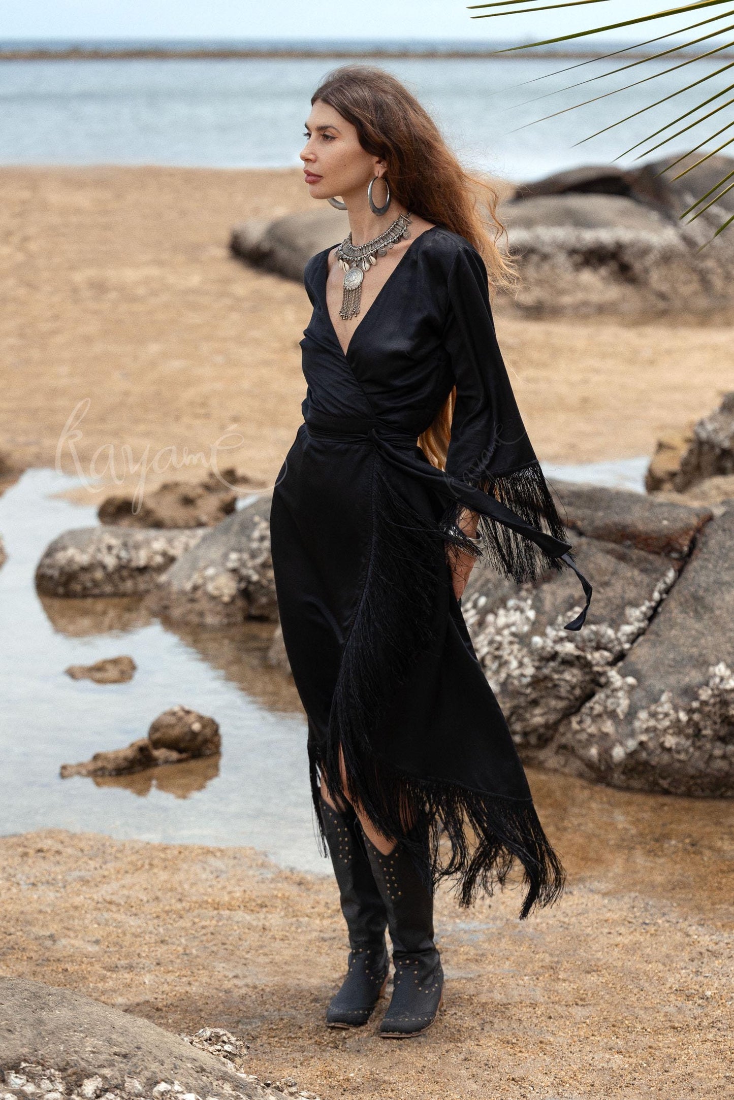 Black Silk Wrap Dress: Bohemian Goddess Gown with Fringe