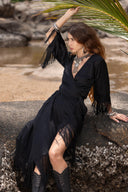 Black Silk Wrap Dress: Bohemian Goddess Gown with Fringe