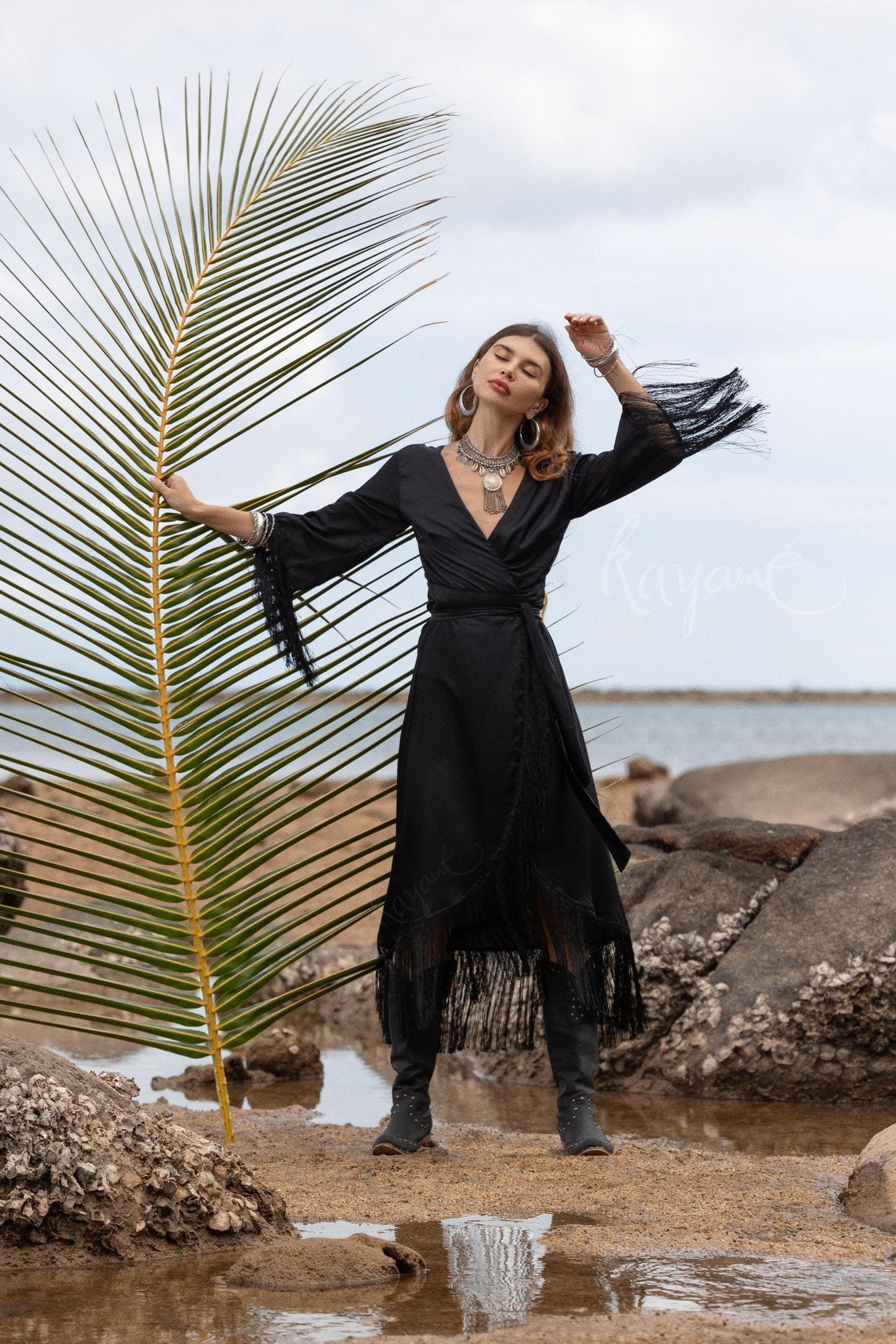 Black Silk Wrap Dress: Bohemian Goddess Gown with Fringe