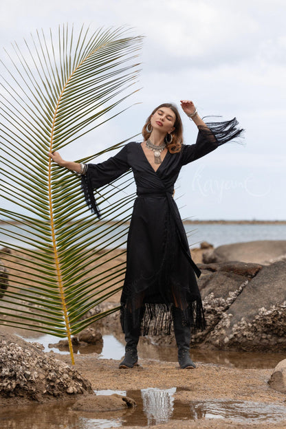 Black Silk Wrap Dress: Bohemian Goddess Gown with Fringe