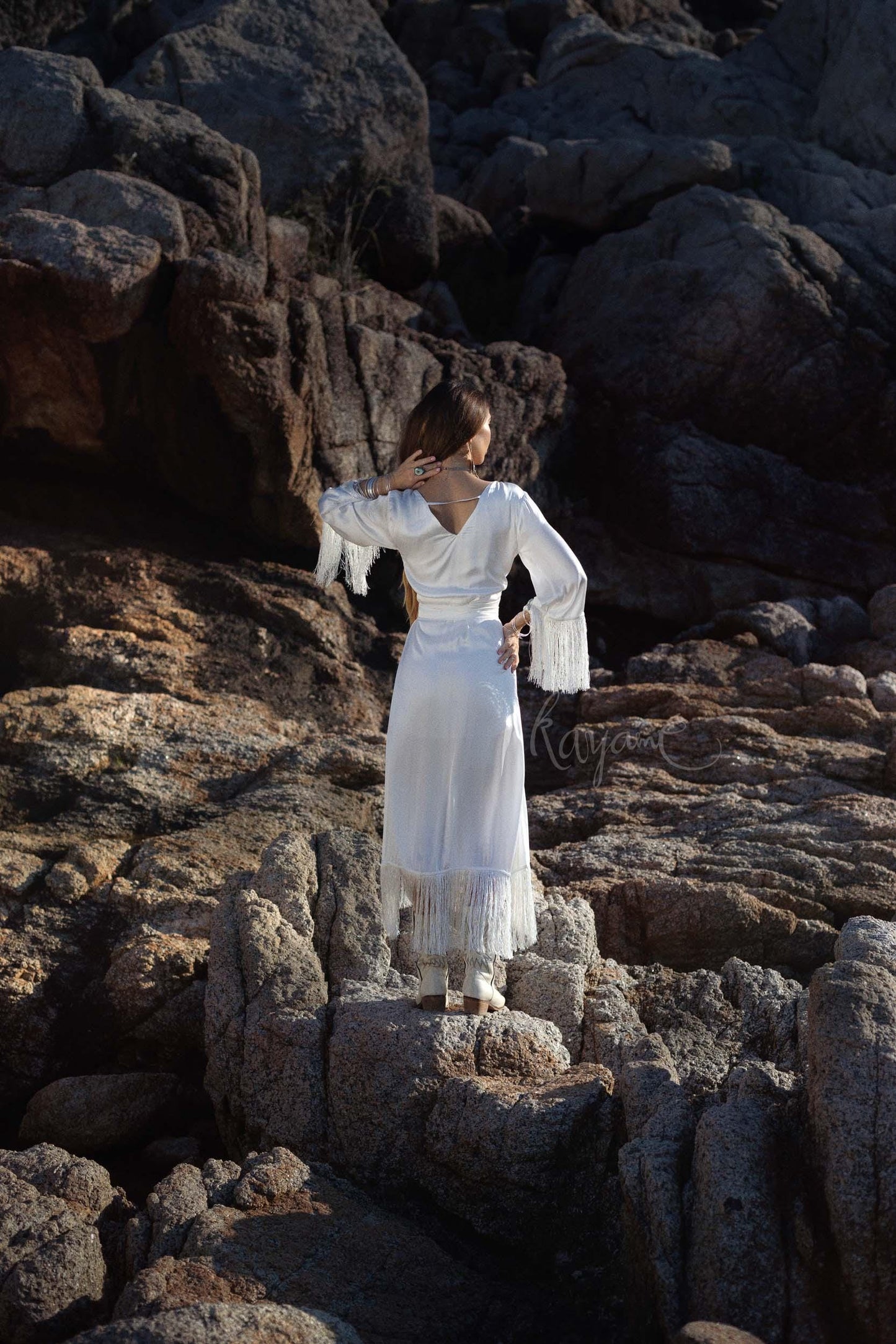 SILK BOHO DRESS ꧁Kayame꧂ Boho wedding dress long sleeve • White boho dress • Goddess dress •  Boho fringe dress • Western wedding dress