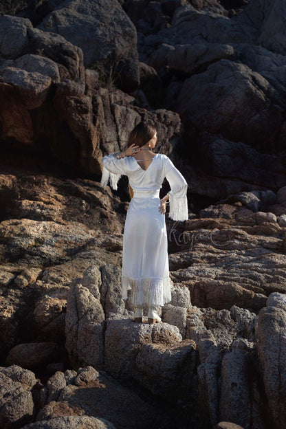 SILK BOHO DRESS ꧁Kayame꧂ Boho wedding dress long sleeve • White boho dress • Goddess dress •  Boho fringe dress • Western wedding dress