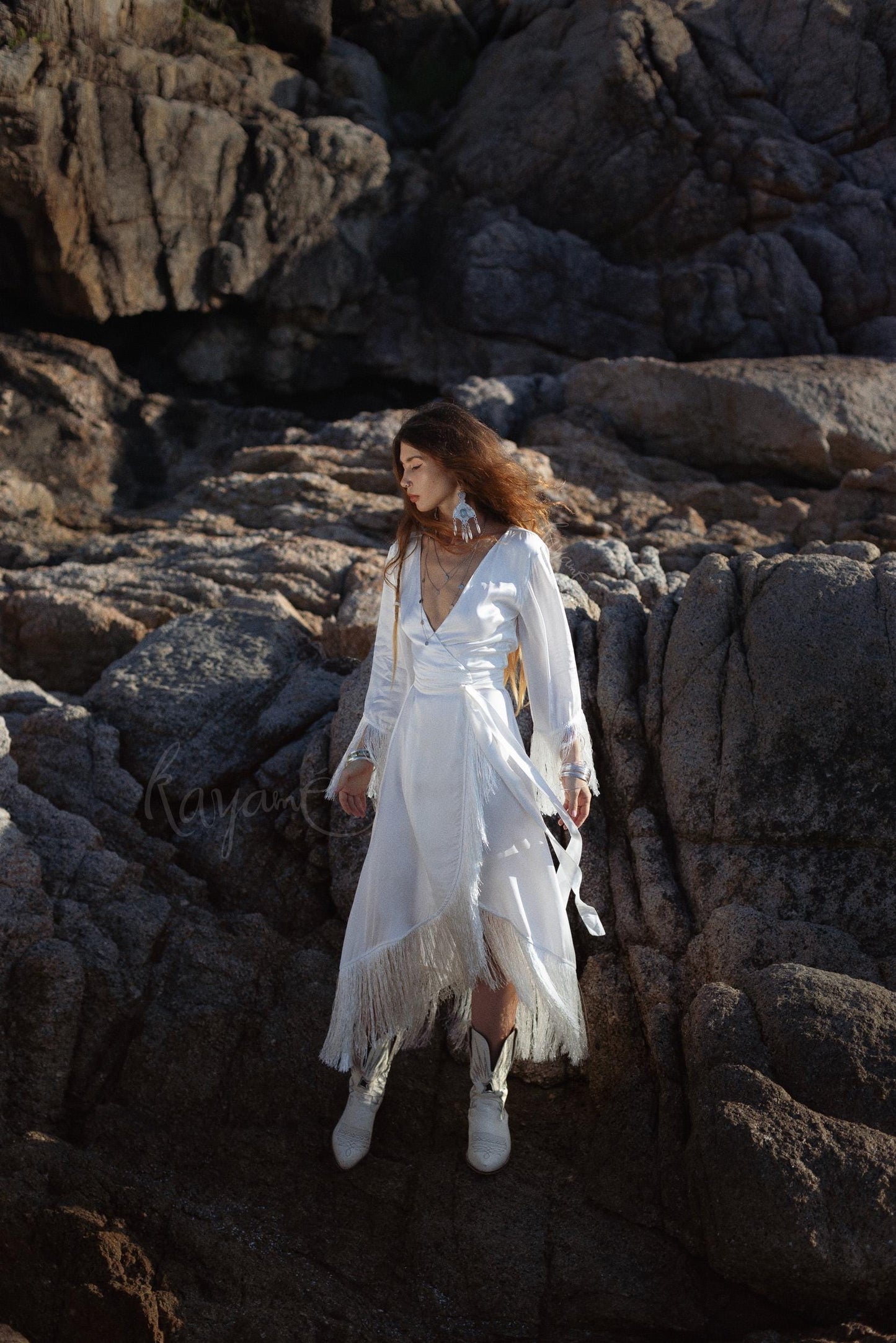 SILK BOHO DRESS ꧁Kayame꧂ Boho wedding dress long sleeve • White boho dress • Goddess dress •  Boho fringe dress • Western wedding dress