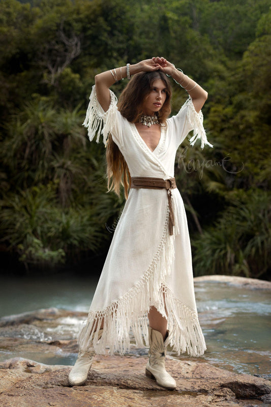 White Boho Wedding Dress with Fringe