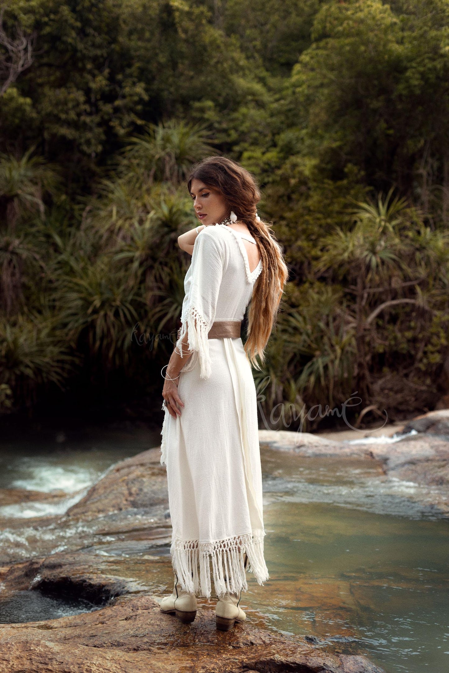 WHITE BOHO DRESS ꧁Kayame꧂ Fringe wedding dress • White maxi dress • White goddess dress • Bohemian dress • Western dress • White linen dress