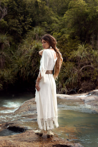 WHITE BOHO DRESS ꧁Kayame꧂ Fringe wedding dress • White maxi dress • White goddess dress • Bohemian dress • Western dress • White linen dress