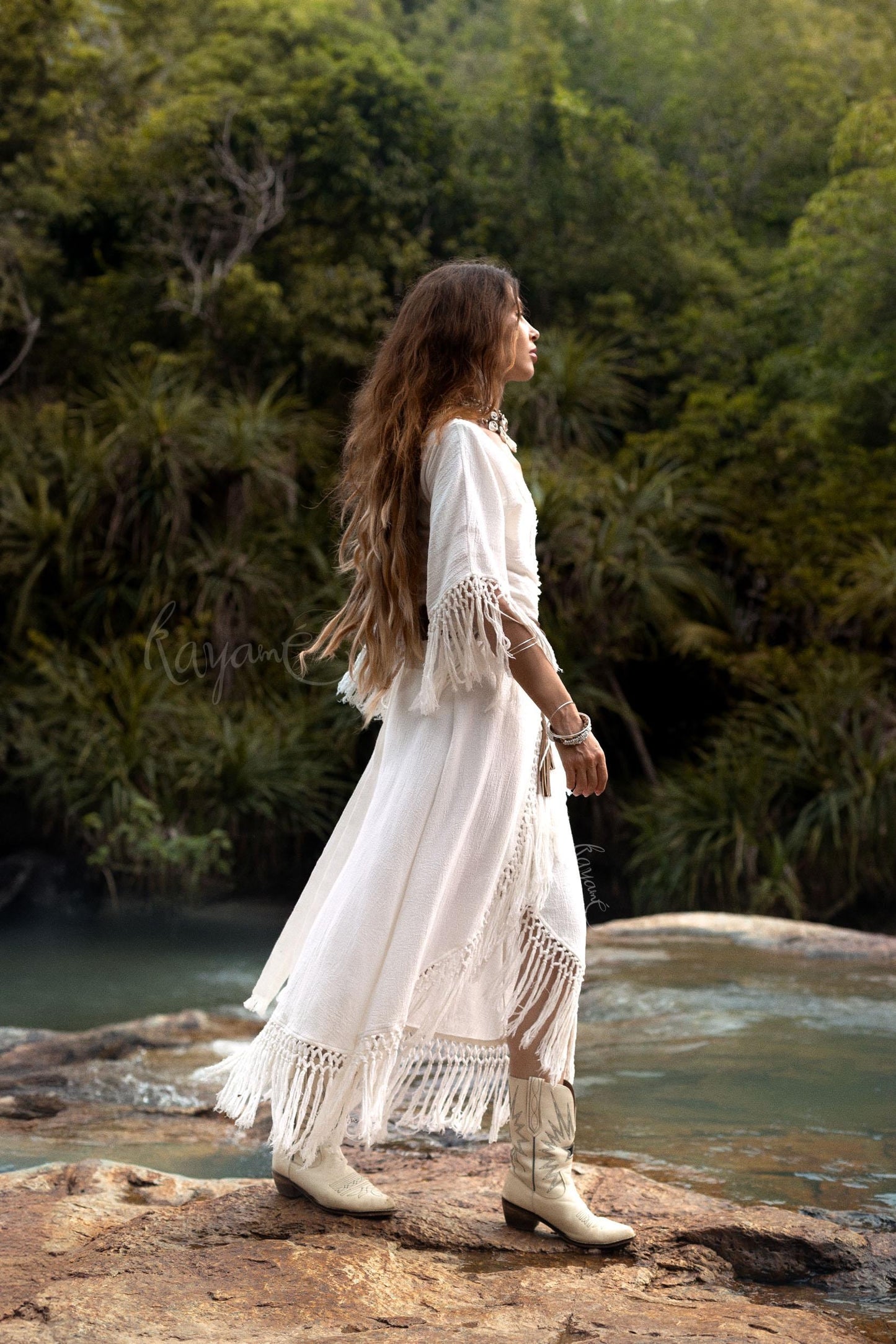 WHITE BOHO DRESS ꧁Kayame꧂ Fringe wedding dress • White maxi dress • White goddess dress • Bohemian dress • Western dress • White linen dress
