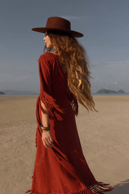 RED BOHO DRESS ꧁Kayame꧂ Fringe bohemian dress • Boho maxi dress • Red goddess dress • Bohemian dress • Western dress • Wrap linen dress