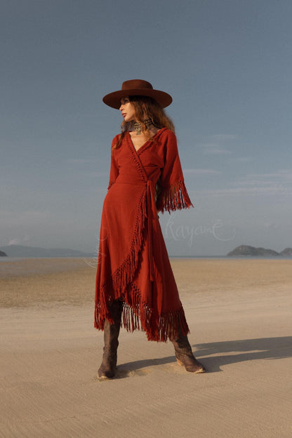 RED BOHO DRESS ꧁Kayame꧂ Fringe bohemian dress • Boho maxi dress • Red goddess dress • Bohemian dress • Western dress • Wrap linen dress