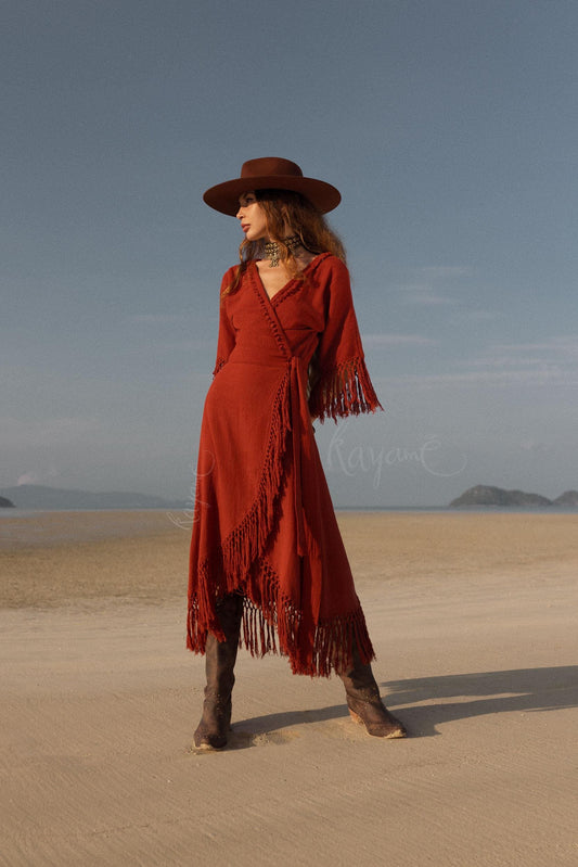 Red Boho Maxi Dress with Fringe