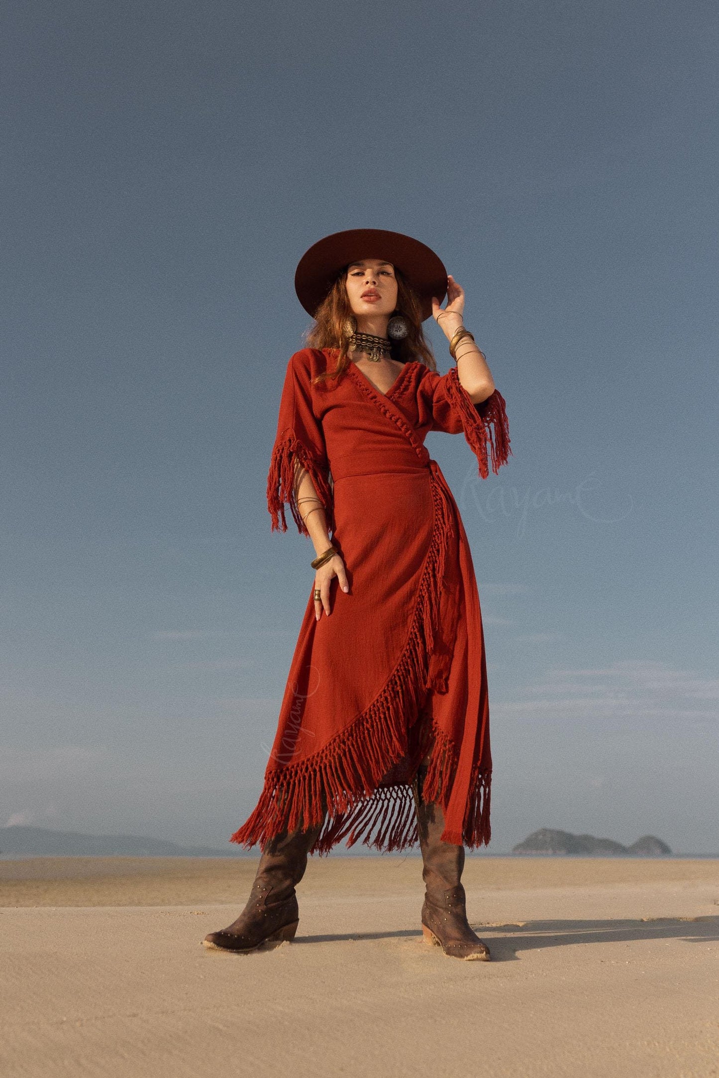 RED BOHO DRESS ꧁Kayame꧂ Fringe bohemian dress • Boho maxi dress • Red goddess dress • Bohemian dress • Western dress • Wrap linen dress