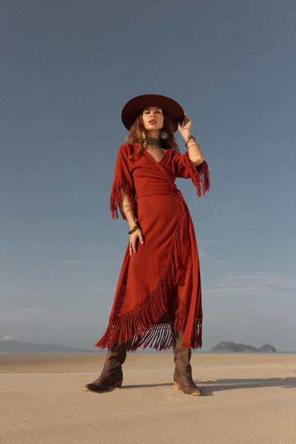 RED BOHO DRESS ꧁Kayame꧂ Fringe bohemian dress • Boho maxi dress • Red goddess dress • Bohemian dress • Western dress • Wrap linen dress