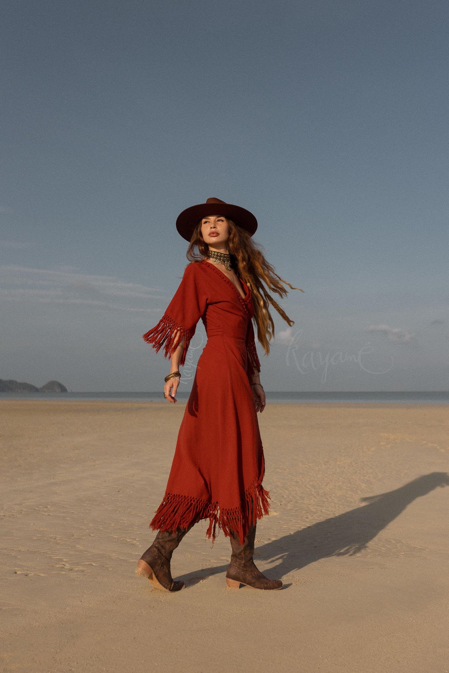 RED BOHO DRESS ꧁Kayame꧂ Fringe bohemian dress • Boho maxi dress • Red goddess dress • Bohemian dress • Western dress • Wrap linen dress