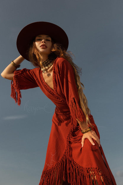 RED BOHO DRESS ꧁Kayame꧂ Fringe bohemian dress • Boho maxi dress • Red goddess dress • Bohemian dress • Western dress • Wrap linen dress