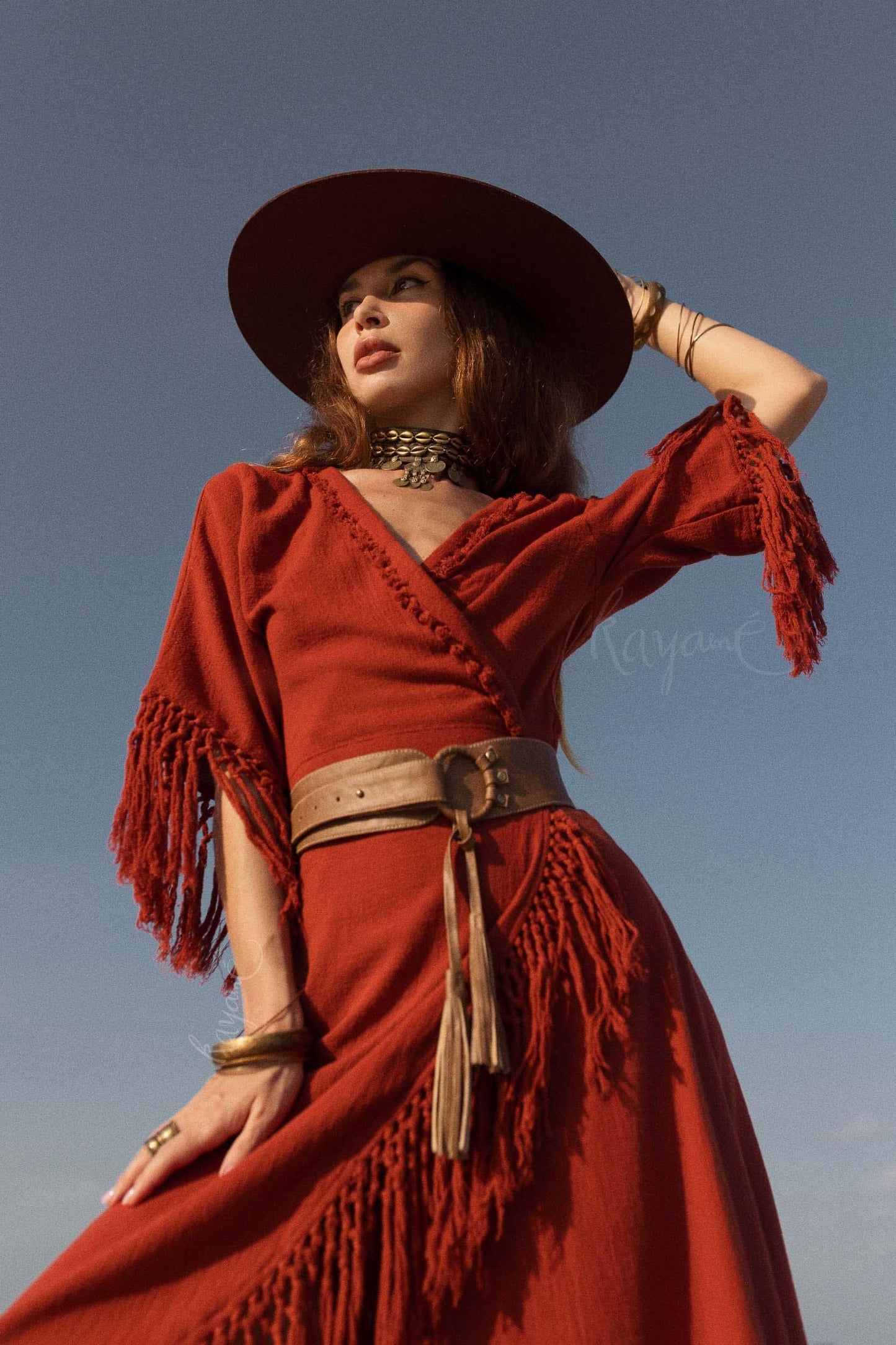 RED BOHO DRESS ꧁Kayame꧂ Fringe bohemian dress • Boho maxi dress • Red goddess dress • Bohemian dress • Western dress • Wrap linen dress