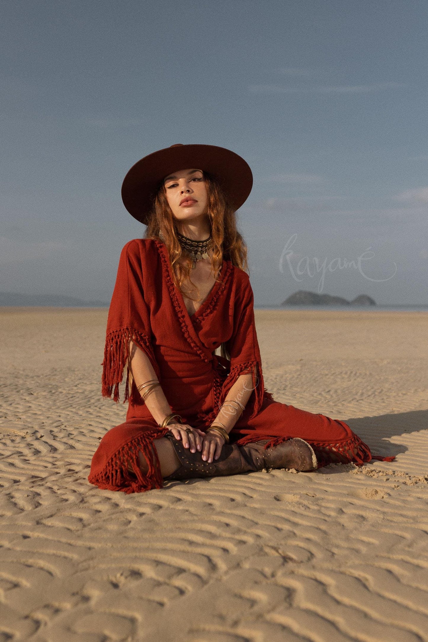RED BOHO DRESS ꧁Kayame꧂ Fringe bohemian dress • Boho maxi dress • Red goddess dress • Bohemian dress • Western dress • Wrap linen dress