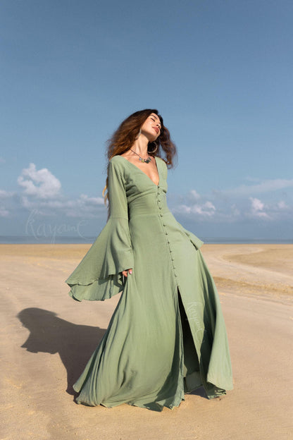 GREEN ELVEN DRESS • Goddess dress • Green boho dress • Medieval dress • Priestess dress • Green fairy prom dress • Maxi boho dress