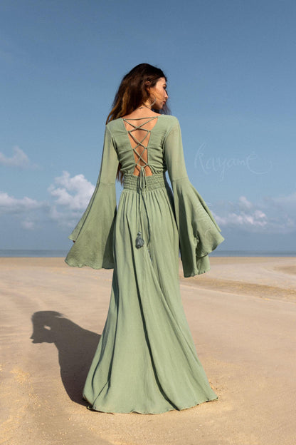 GREEN ELVEN DRESS • Goddess dress • Green boho dress • Medieval dress • Priestess dress • Green fairy prom dress • Maxi boho dress