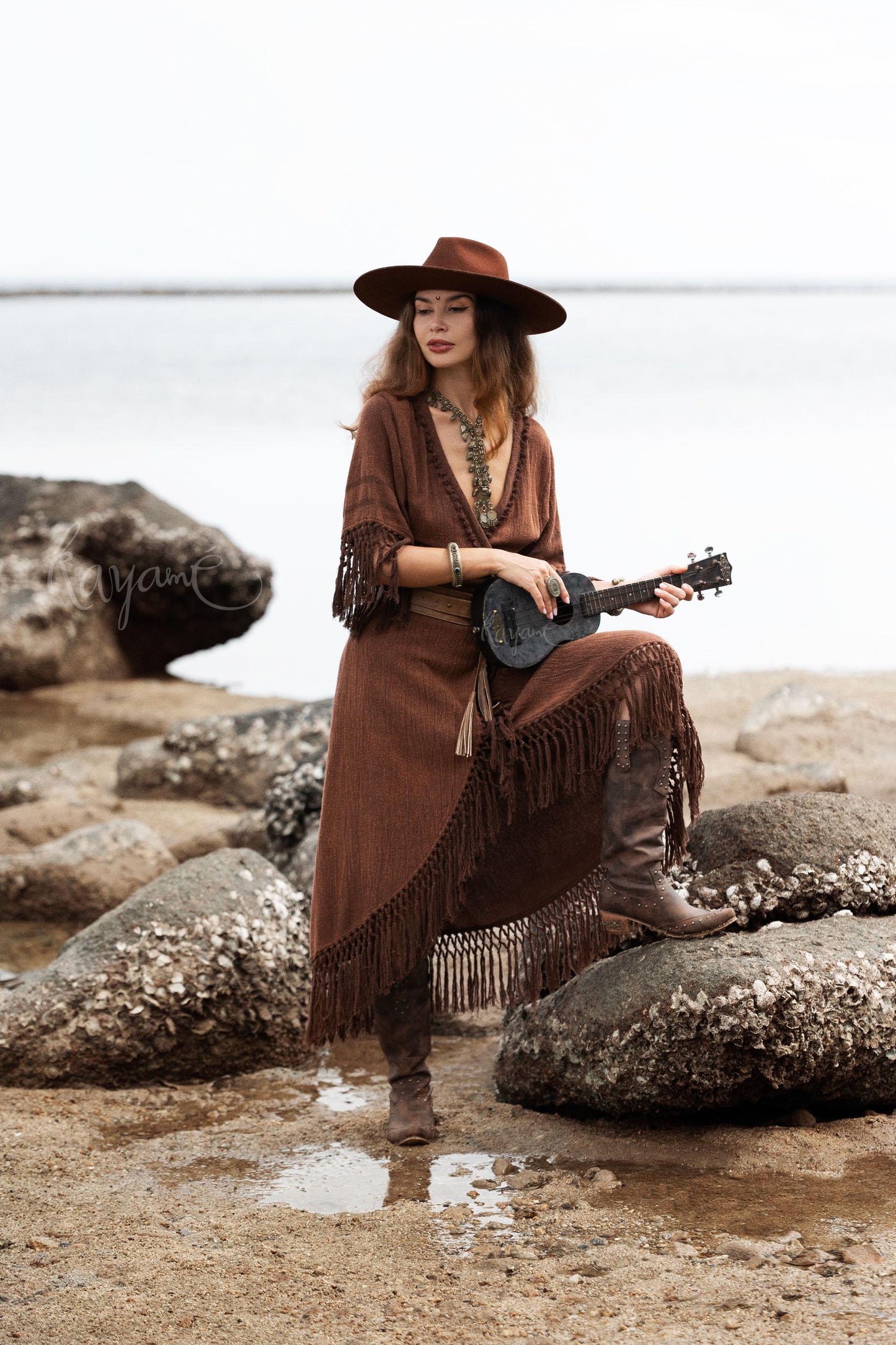 BROWN BOHO DRESS ꧁Kayame꧂ Fringe bohemian dress • Boho maxi dress • Goddess dress • Festival dress • Western dress • Wrap linen dress