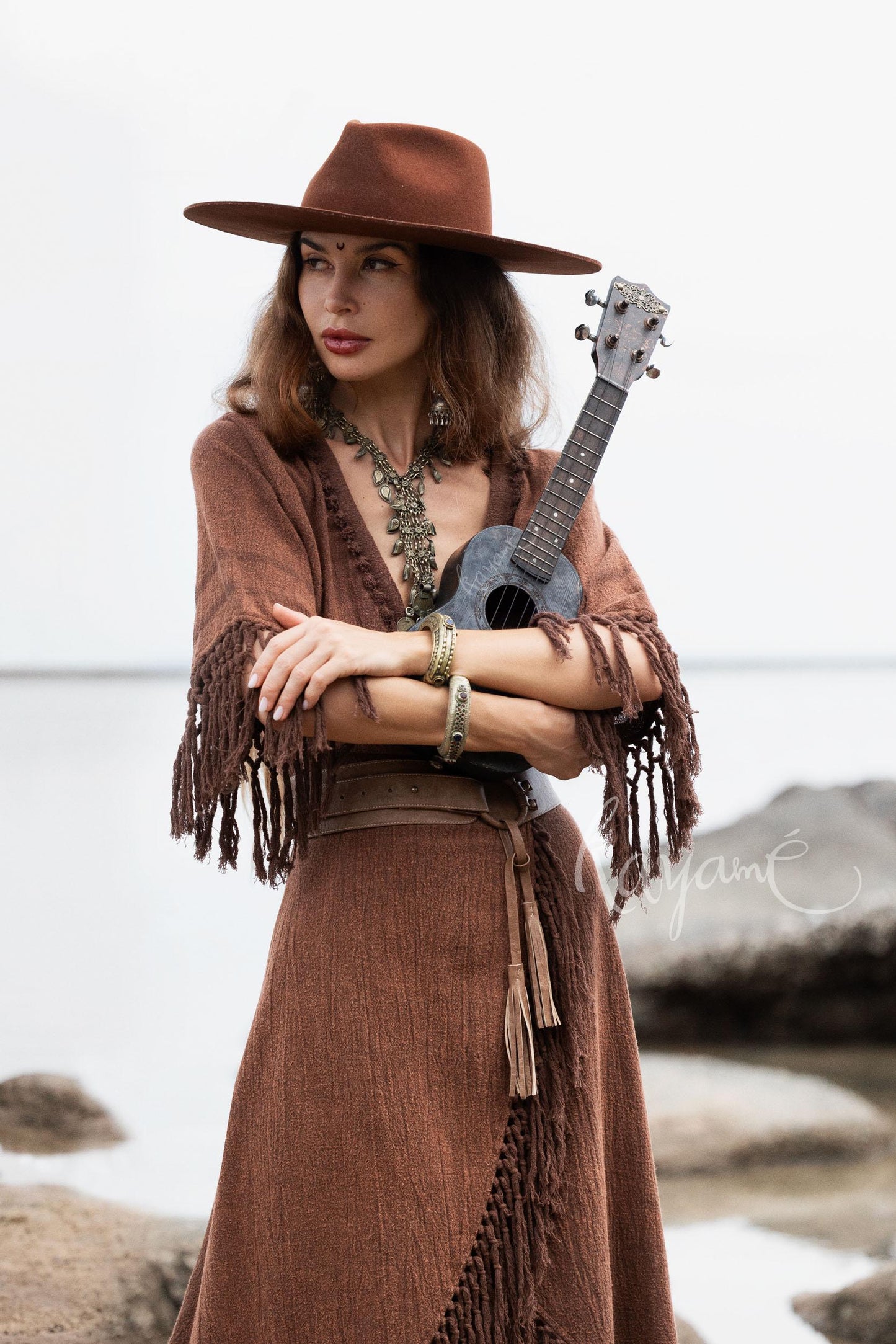BROWN BOHO DRESS ꧁Kayame꧂ Fringe bohemian dress • Boho maxi dress • Goddess dress • Festival dress • Western dress • Wrap linen dress
