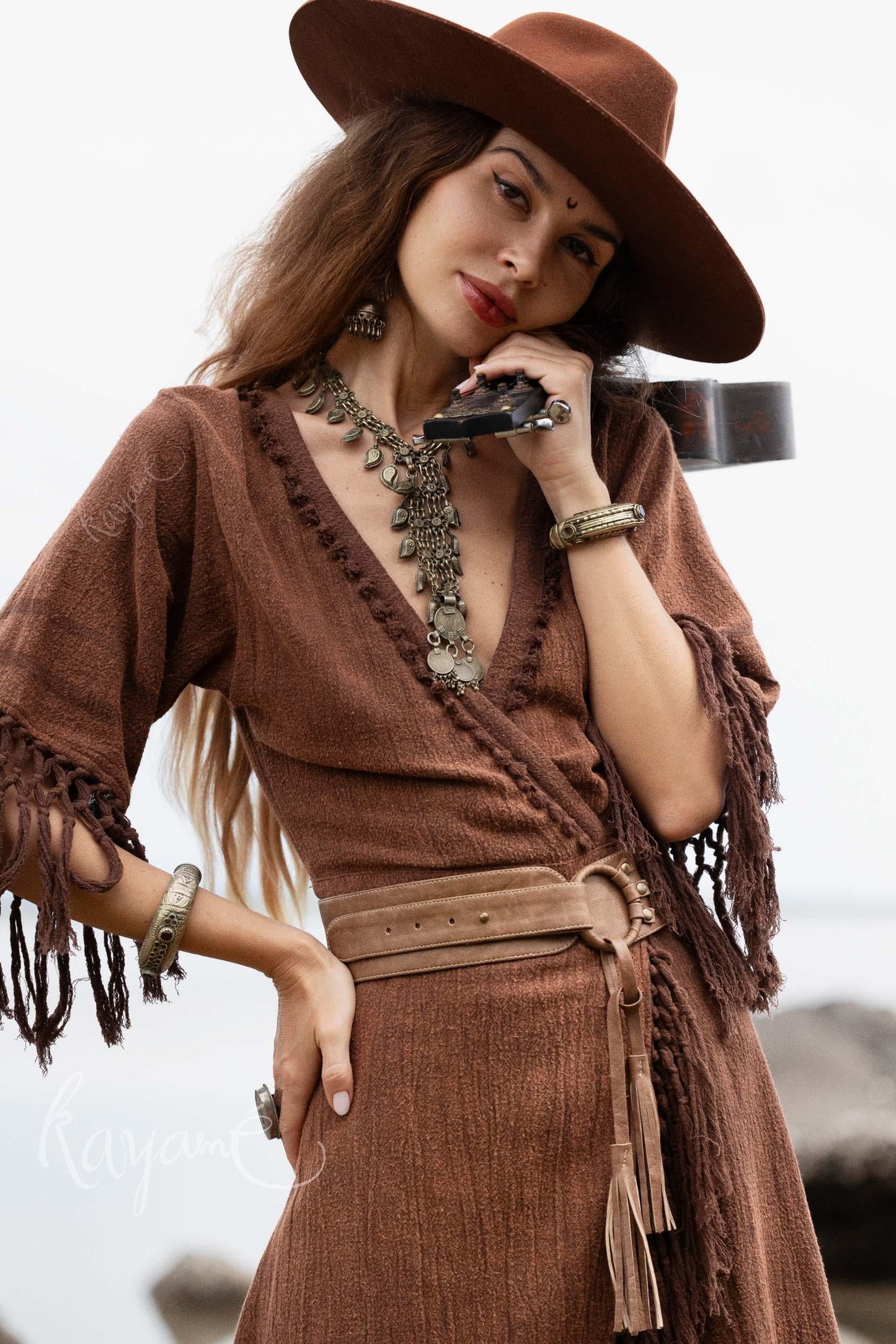 BROWN BOHO DRESS ꧁Kayame꧂ Fringe bohemian dress • Boho maxi dress • Goddess dress • Festival dress • Western dress • Wrap linen dress