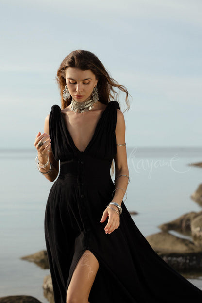 Handmade Black Organic Cotton Goddess Dress: Boho Wedding Gown