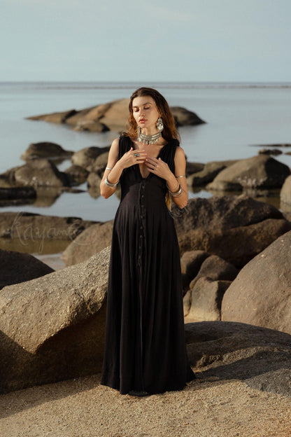 Handmade Black Organic Cotton Goddess Dress: Boho Wedding Gown