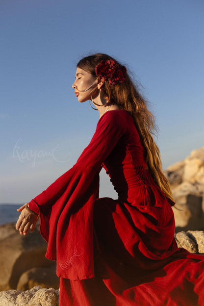 RED ELVEN DRESS • Goddess dress • Red boho dress • Medieval dress • Priestess dress • Dark red dress • Maxi boho dress •  Fairy dress