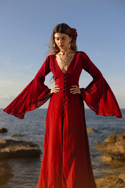 RED ELVEN DRESS • Goddess dress • Red boho dress • Medieval dress • Priestess dress • Dark red dress • Maxi boho dress •  Fairy dress