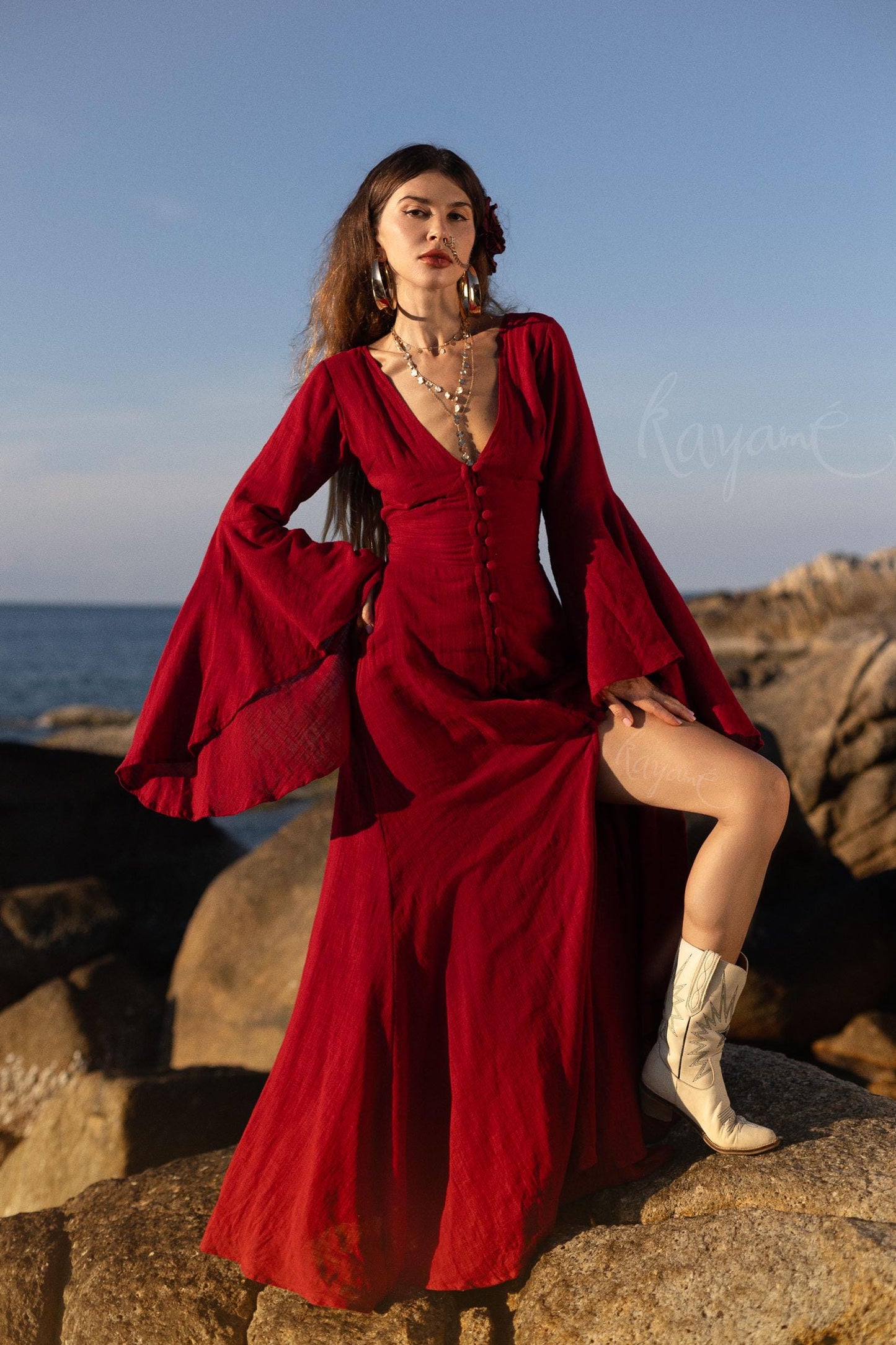 RED ELVEN DRESS • Goddess dress • Red boho dress • Medieval dress • Priestess dress • Dark red dress • Maxi boho dress •  Fairy dress