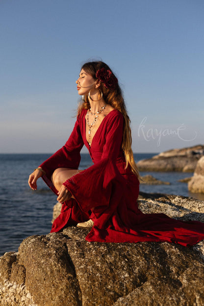 RED ELVEN DRESS • Goddess dress • Red boho dress • Medieval dress • Priestess dress • Dark red dress • Maxi boho dress •  Fairy dress