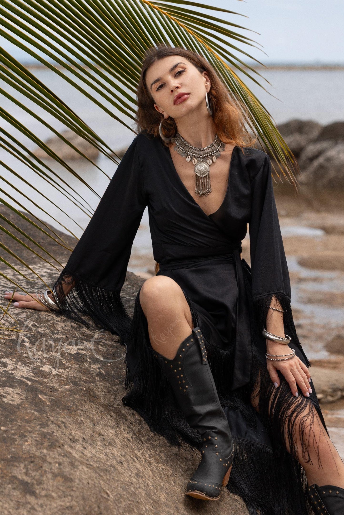 Black Silk Wrap Dress: Bohemian Goddess Gown with Fringe